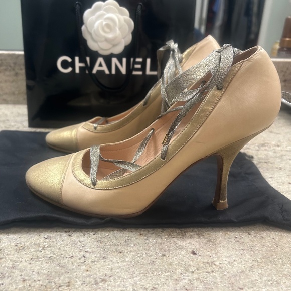 CHANEL Beige/Nude + Gold Lace Up Heels - Picture 3 of 7